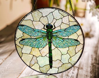 Green Blue Dragonfly Stained Glass Window Suncatcher Gift for Nature Lovers
