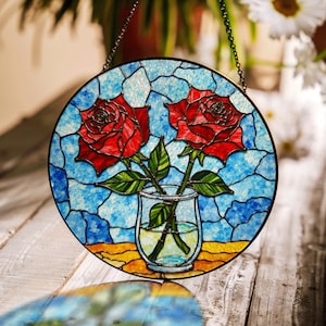 twin red roses in vase stained glass round suncatcher romantic decor gift for her