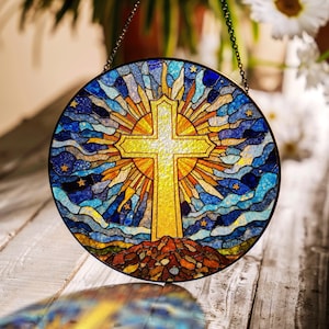 Radiant Cross stained glass suncatcher Christian window decor gift for Easter Christmas or baptism