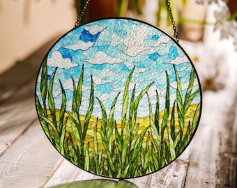 Dragonfly Over Meadow Suncatcher Stained Glass Window Decor Birthday Gift for Nature Lovers