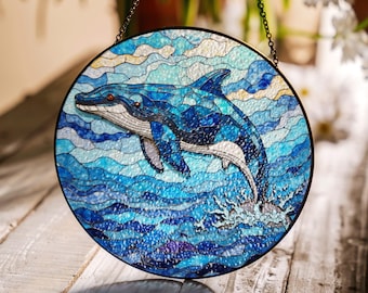 シロナガスクジラのステンドグラス サンキャッチャー 海の窓装飾