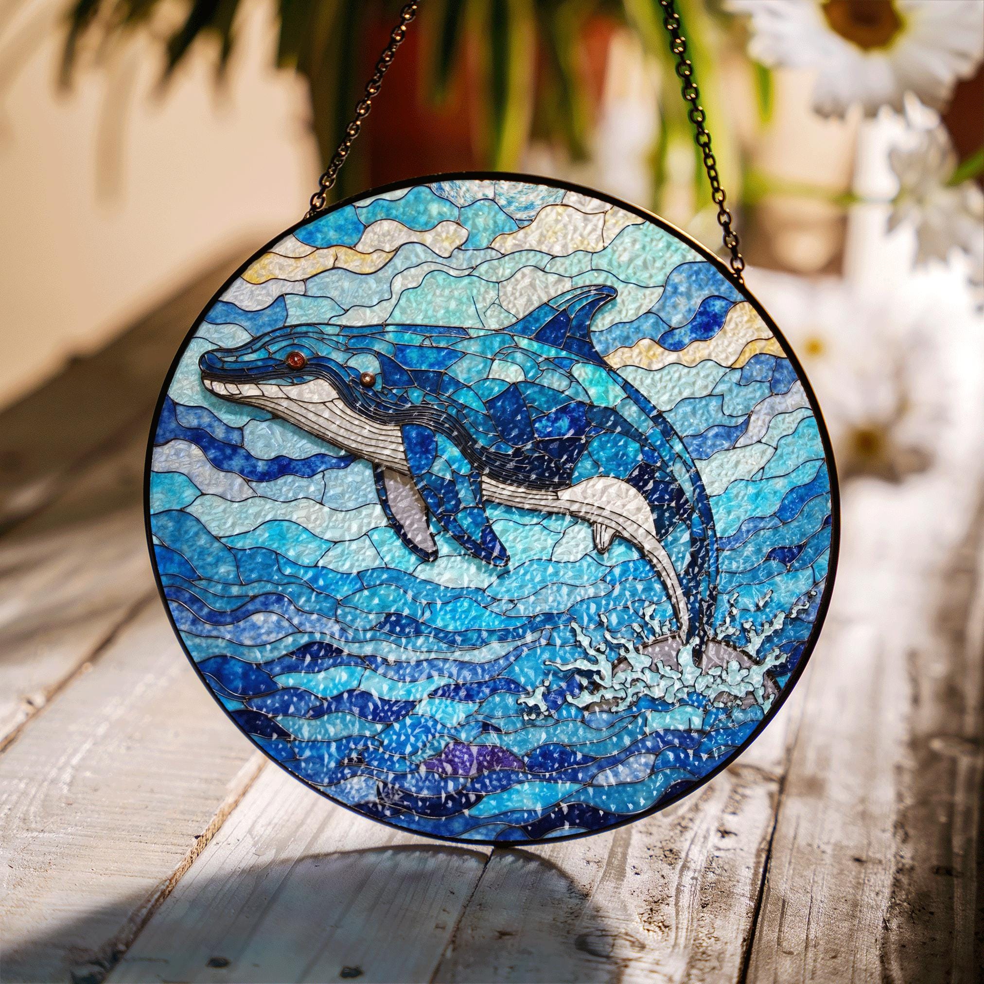 シロナガスクジラのステンドグラス サンキャッチャー 海の窓装飾