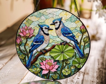 Blue jay birds and lotus floral stained glass suncatcher nature window decor gift for mom