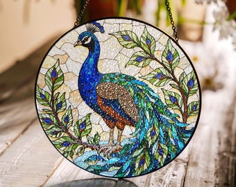 Peacock Stained Glass Suncatcher Window Hanging Gift for Bird Lovers Home Decor
