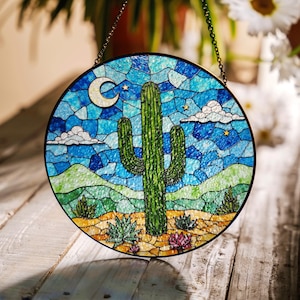 Stained Glass Cactus Suncatcher Desert Art Hanging Decor Gift for Nature Lovers