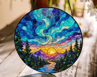Colorful sunset forest river scene stained glass suncatcher nature home decor for mom