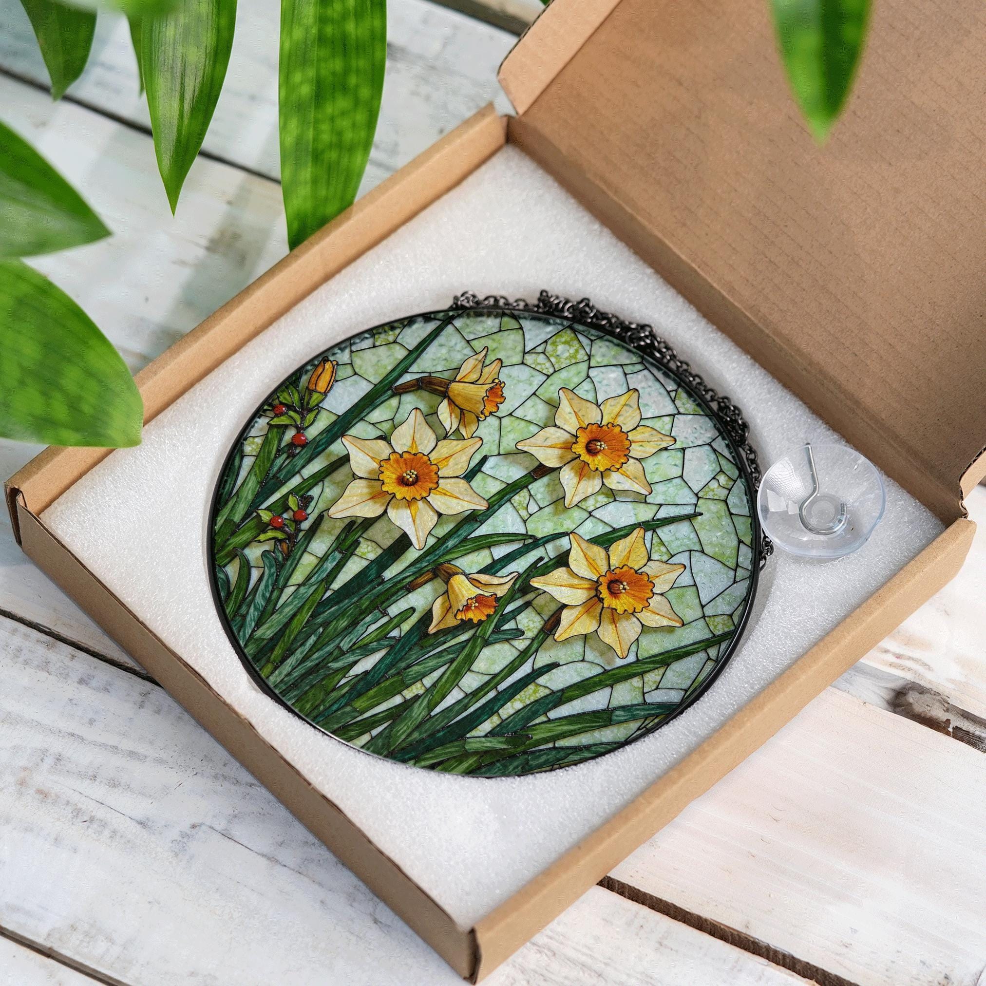 Acchiappasole In Vetro Dipinto A Mano Con Narcisi – 15x15 Cm, Regalo Simbolico