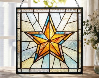 Geometric Star Window Hanging, Amber Blue Five Point Design Stained Glass Suncatcher