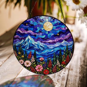 Colorful Mountain Landscape Suncatcher Vibrant Glass Art Home Window Decor Gift for Nature Lovers