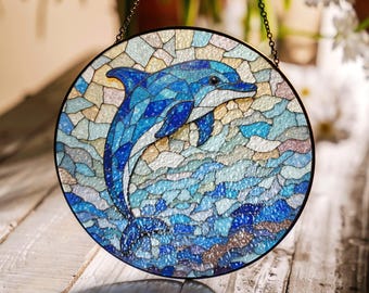 Stained Glass Dolphin Sun Catcher Blue Coastal Home Decor Gift for Ocean Lovers