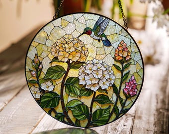 Hummingbird and Hydrangea Suncatcher Window Hanging Stained Glass Gift for Mothers Day Birthday Grandma
