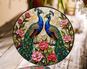 Colorful peacocks with pink flowers stained glass suncatcher window hanging gift for mom