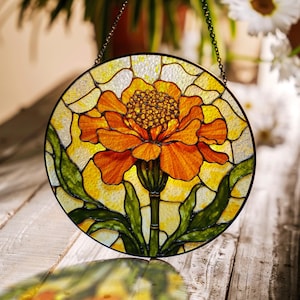 vibrant orange marigold stained glass window suncatcher garden decor gift for flower lovers
