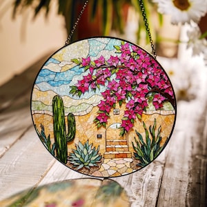 Desert adobe cactus suncatcher stained glass window hanging southwestern home decor mothers day gift