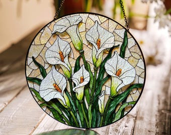 White calla lily floral stained glass suncatcher round panel for window decor gift for flower lover