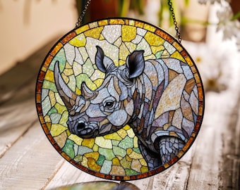 Rhinoceros Stained Glass Suncatcher Wildlife Animal Decor Gift