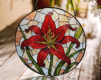 Red Lily Flower Pattern Suncatcher Stained Glass Window Hanging Gift for Garden Lover