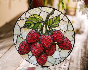 Raspberry stained glass suncatcher bright red berries gift for fruit lovers and kitchen decor