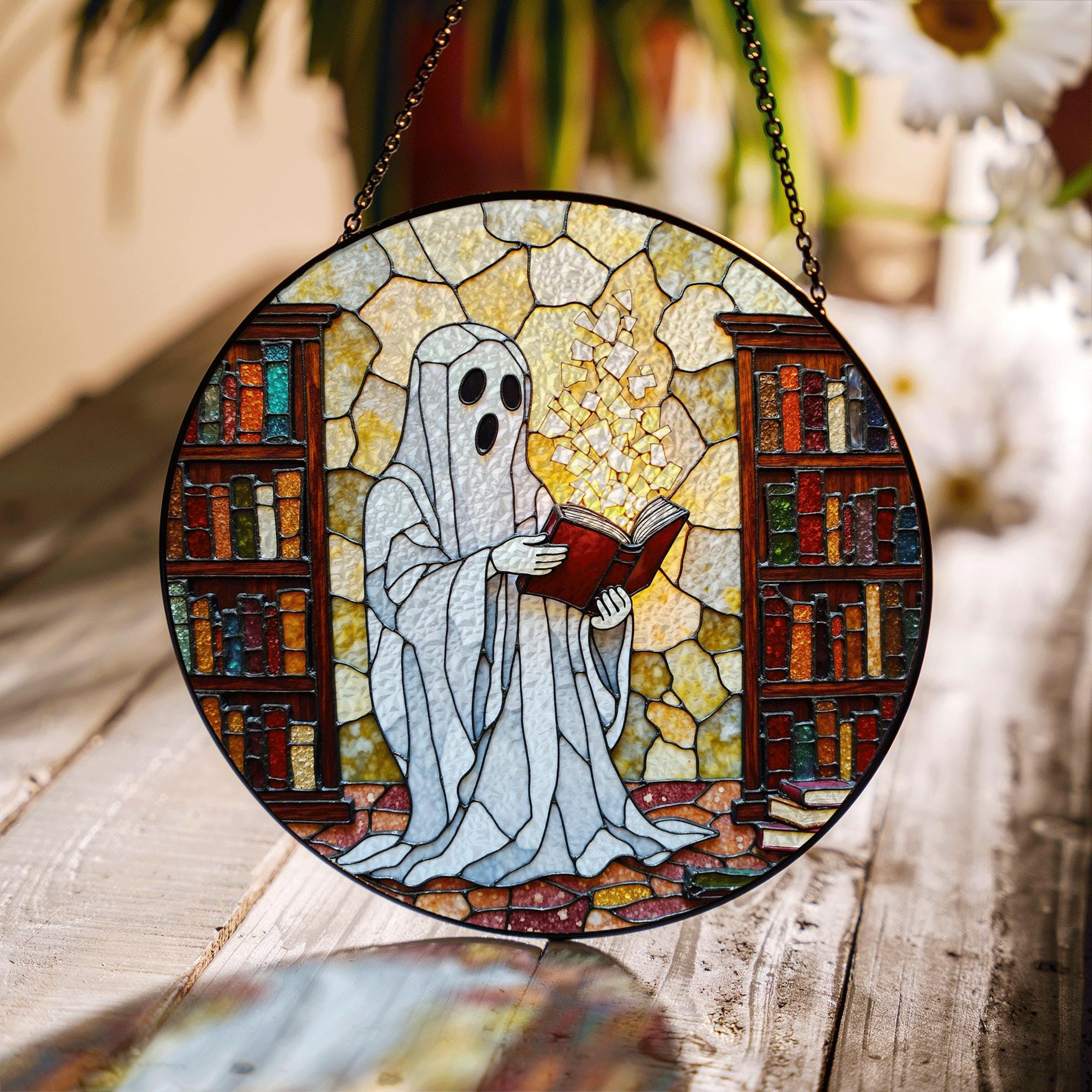 stained glass suncatcher ghost reading in haunted library Halloween gift for book lovers