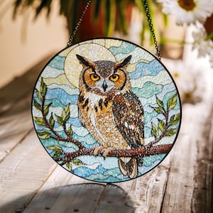 Stained Glass Owl Suncatcher Nature Window Decor Bird Gift for Owl Lovers and Home