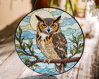 Stained Glass Owl Suncatcher Nature Window Decor Bird Gift for Owl Lovers and Home