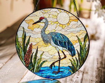 Heron Stained Glass Suncatcher Window Hanging Gift for Bird Lovers Nature Decor