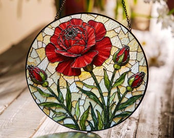 ステンドグラスのカーネーションサンキャッチャー：手作りの花柄