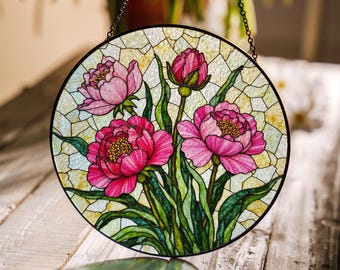 Peony Stained Glass Suncatcher Window Hanging Gift for Mom Friend Birthday