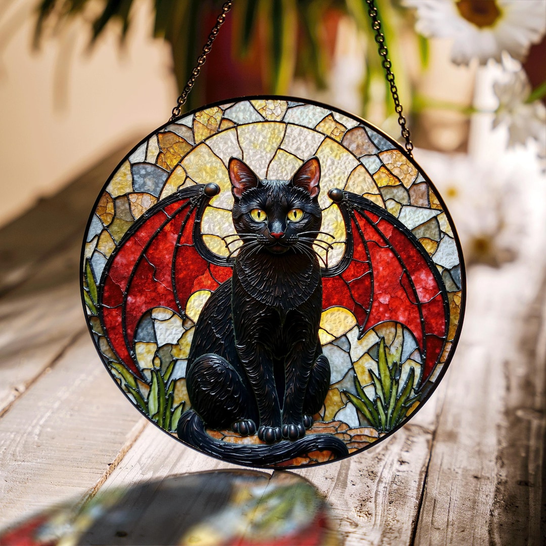 Black Cat Stained Glass Suncatcher Gothic Decor Halloween Gift - Etsy