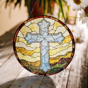 Stained Glass Cross Suncatcher for Home Decor Christian Window Hanging Gift