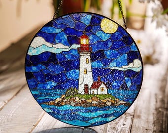 Lighthouse Stained Glass Suncatcher Window Hanging Gift for Mom Friend