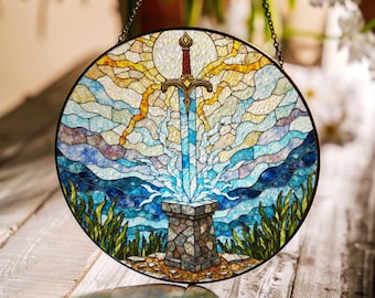 Glowing sword in stone stained glass suncatcher fantasy decor gift