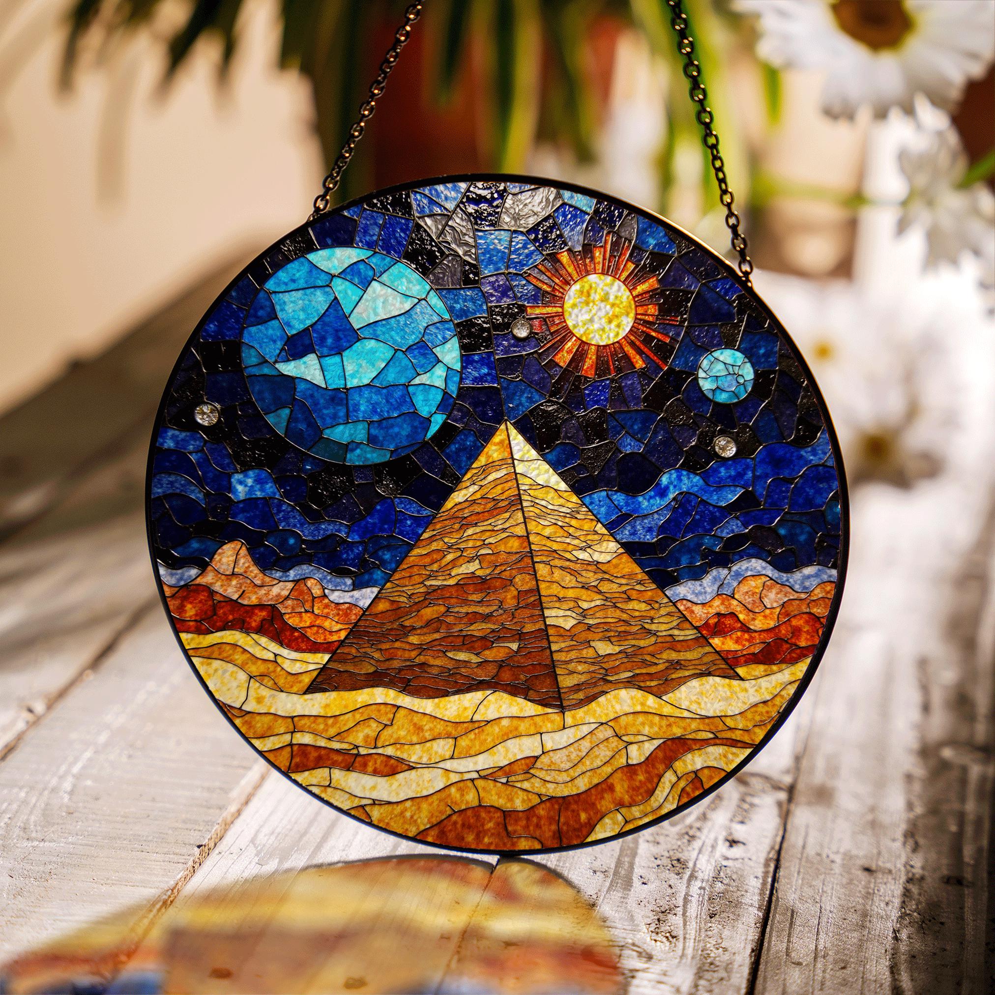 ステンドグラス「月とピラミッド」 太陽と月をデザインしたステンドグラスのピラミッド型サンキャッチャー