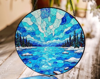 Blue Lake Sunset Forest Suncatcher Stained Glass Style Window Decor Gift For Nature Lover