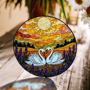Swan Couple in Sunset Field Stained Glass Suncatcher Gift for Anniversary or Wedding