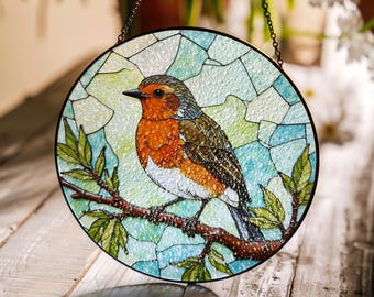 Robin Bird Stained Glass Suncatcher Window Art Nature Decoration Gift for Bird Lovers