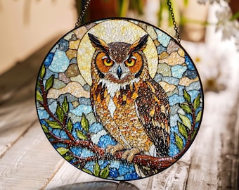 Owl Stained Glass Suncatcher Window Hanging Gift for Bird Lovers