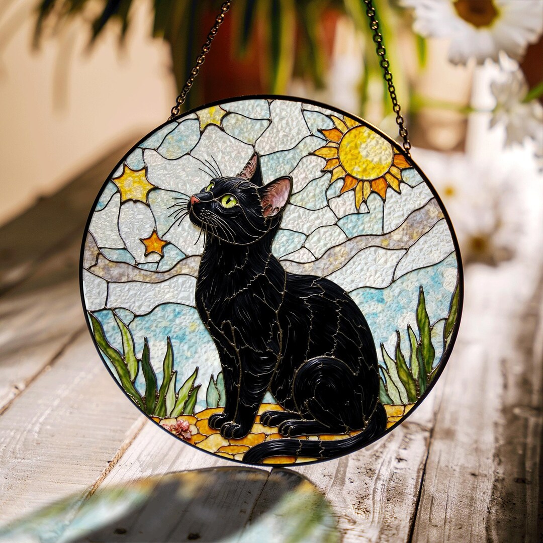Black Cat Sun Garden Stained Glass Suncatcher Window Hanging Gift for ...