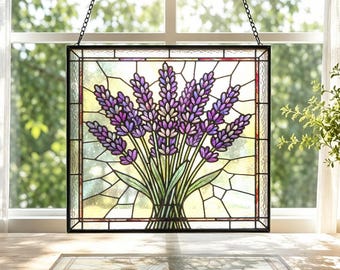 Lavender Bouquet Stained Glass Suncatcher, Purple Herb Bundle Window Hanging