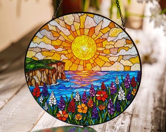 Sunset Ocean Stained Glass Suncatcher Colorful Window Hanging Gift for Mom Friend