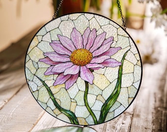 Pink daisy blossom stained glass suncatcher floral window decor gift for mom or nature lover