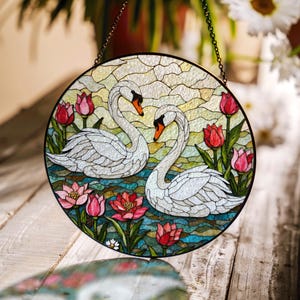 Elegant swans and tulips stained glass round suncatcher window art gift for wedding couple