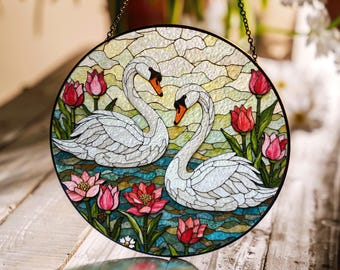 Elegant swans and tulips stained glass round suncatcher window art gift for wedding couple
