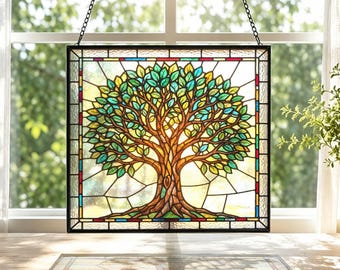 Tree of Life Stained Glass Window Decor, Green Canopy and Roots Suncatcher