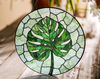Monstera Leaf Stained Glass Suncatcher Green Window Decor Perfect Gift for Nature Lovers