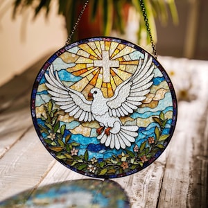 Stained Glass Dove Sun Catcher Christian Window Decor Gift for Mom Dad