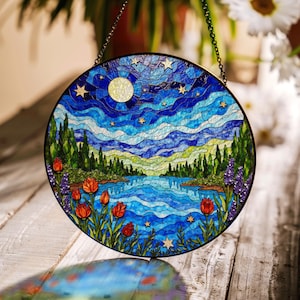 Starry Night Lake Forest Suncatcher Colorful Glass Decor Gift for Nature Lovers