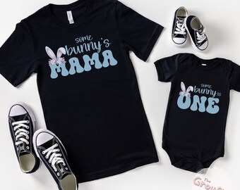 Bunny 1st Birthday Matching Family T-Shirts, Some Bunny is One Blue Tee