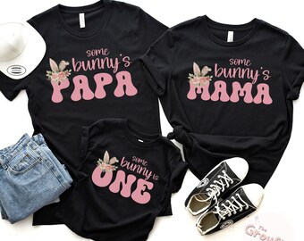Bunny 1st Birthday Matching Family T-Shirts, Some Bunny is One Pink Tee
