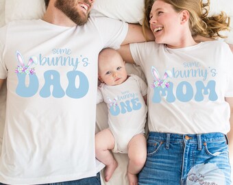 Bunny 1st Birthday Matching Family T-Shirts, Some Bunny is One Blue Tee